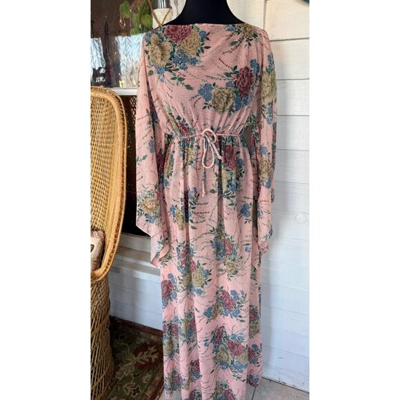 Vintage 60's Pink Floral Chiffon Style Maxi Dress Batwing Sleeves Sz L Boho - Picture 13 of 16
